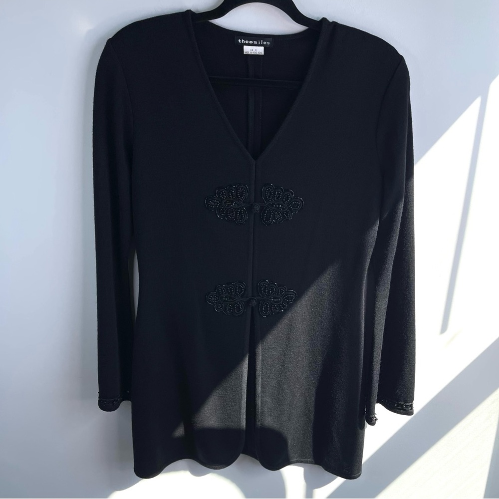 Vintage Theo Miles Elegant Black V-Neck Sweater With Asian Style Design Size S